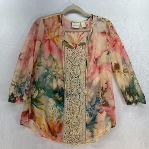 Chicos Floral Lynelle 3/4 Sleeve Top Women's sz 1 (medium) Sheer Watercolor